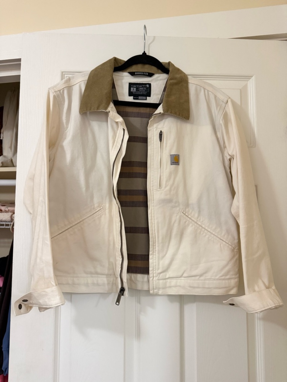 Carhartt Women’s Cream Canvas Jacket with Brown Corduroy Collar